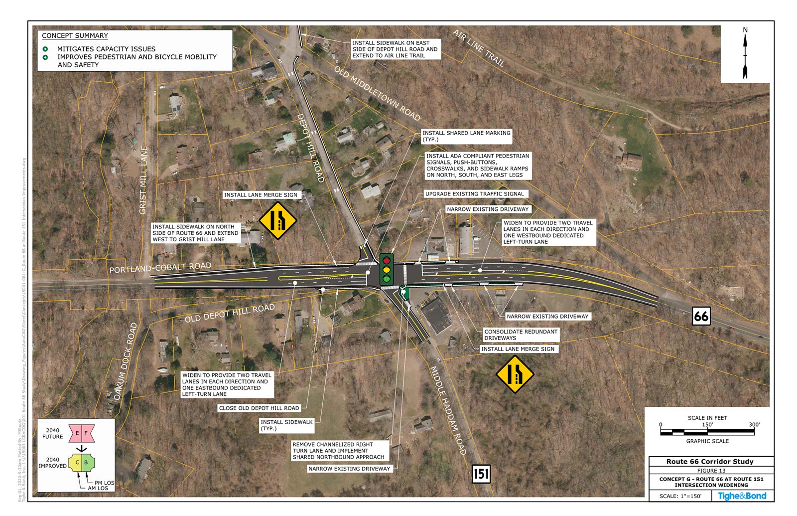 Route 66 at Route 151 and Depot Hill Road Intersection Improvements (Concept G). Route 66 Transportation Study, Portland and East Hampton, CT.