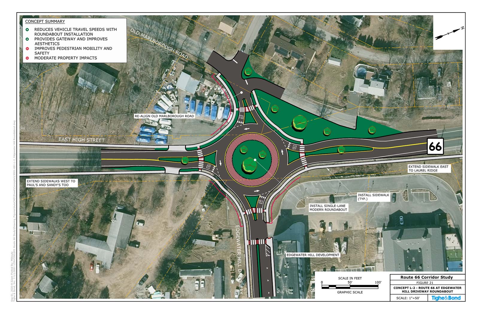 Route 66 at Edgewater Hill Driveway Modern Roundabout (Concept L-2). Route 66 Transportation Study, Portland and East Hampton, CT.